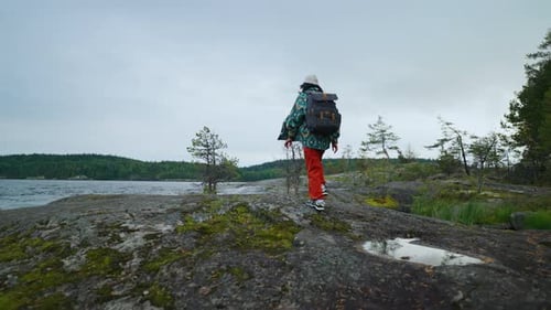 Enjoy Nature And Explore New Place Woman Traveller With Big Backpack Walking In Beautiful Landscape