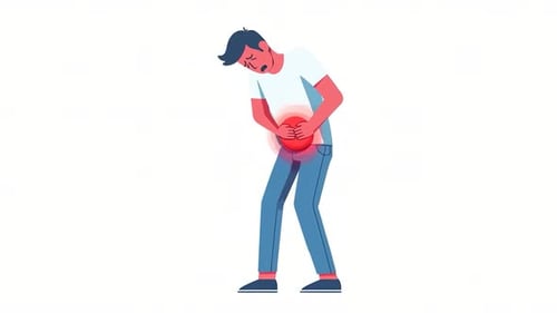 Hombre con dolor abdominal y estomacal intenso: animaciones de dibujos animados para medicina y salud