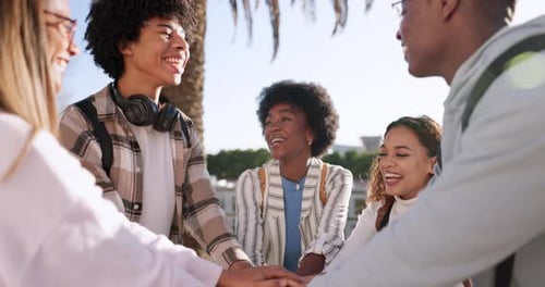 Students, success and cheer with friends in college for support, education and future