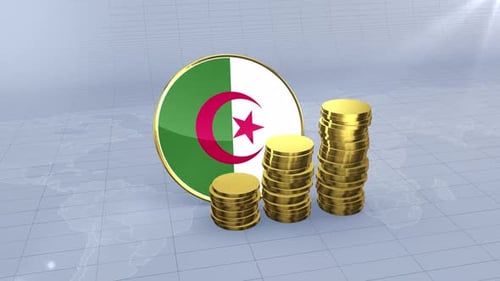 Algeria Flag With Plain Gold Coins Tower