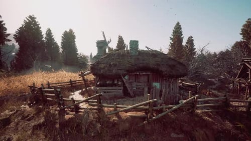 Rustic Wooden Cottage Surrounded By Trees and Fields in a Serene Landscape
