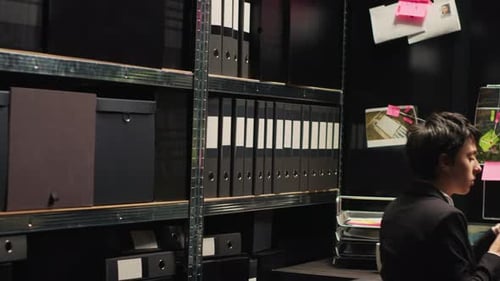 Woman Reviews Case Files in Dim Office