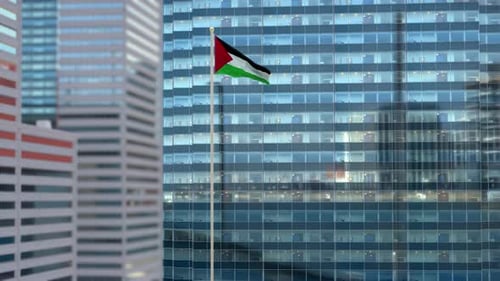Animated Palestine Flag Waving on Modern Skyscraper