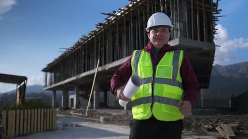 Caucasian foreman builder in a protective helmet and vest stands with paper blueprints building