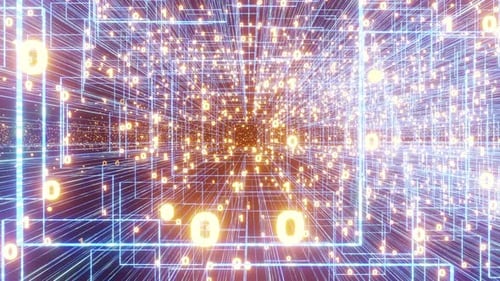 Cyberespace numérique avec rendu 3D avec des chiffres, un et des zéros scintillants. Connexion haut débit