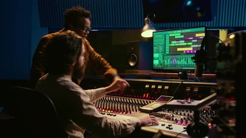 Team of Audio Technician and Artist Producing and Editing Sound on Mixer Console