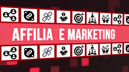 Affiliate-Marketing-3D-Konzept mit Icons auf digitalem Hintergrund