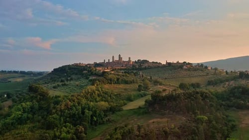 Aerial Forward Dolly Wide Shot of San Gimignano Tuscany Italy