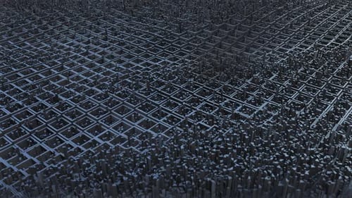 Abstract 3D background with a wavy field of moving squares and long grey particles
