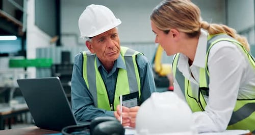 Tablet, laptop and foreman with engineer on site with research for maintenance