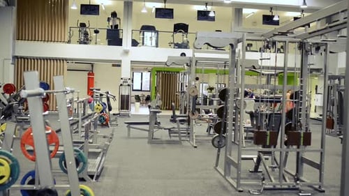 Gym with Various Exercise Machines in It, People Working Out Active