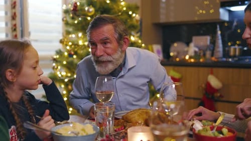 Family shares conversation at festive Christmas dinner