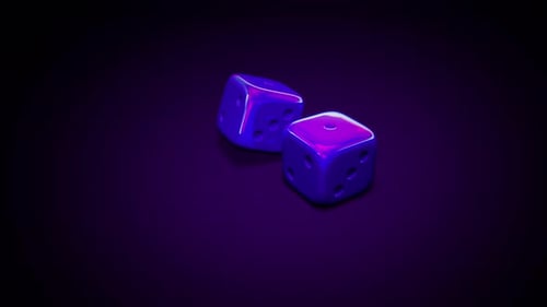 Zwei ultraviolette 3D-Würfel rollen und fallen mit Nummer eins.