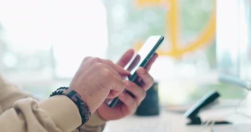 Smartphone in man hands, scroll social media with communication and technology