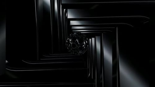 Bewegung durch einen Tunnel aus schwarzen Formen, Hintergrund, 3D-Render, Reflexion, Exklusiv