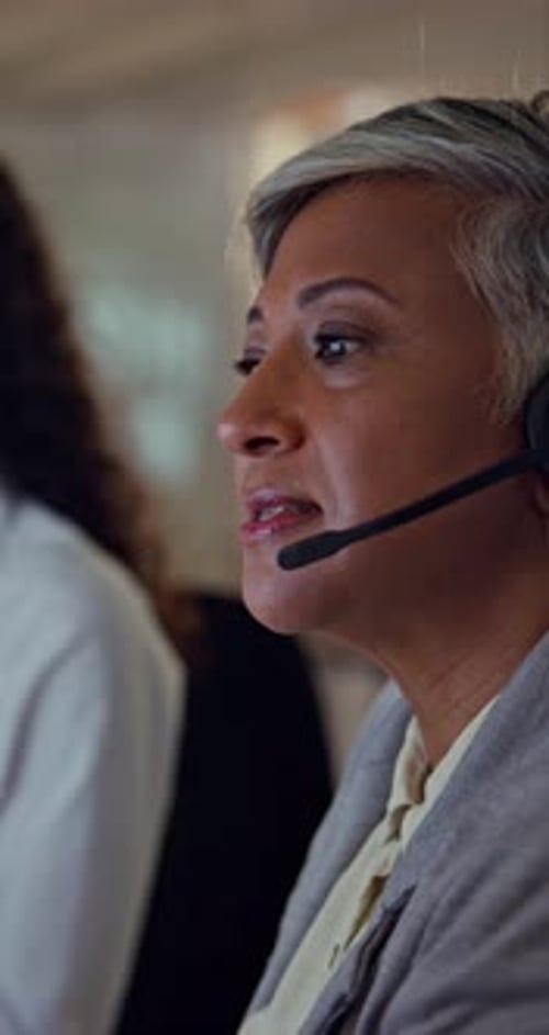 Mature woman, call center and advisor in office, night shift and telemarketing agent