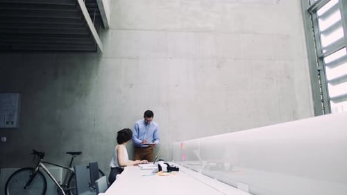 Young business professionals collaborating on a project in a modern office