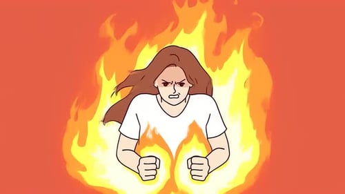 Une femme en colère entourée de flammes : rage intense, stress émotionnel et mental, frustration et épuisement professionnel