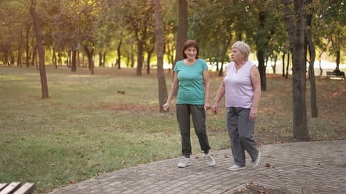 Two Elderly Women Walk and Talk in Park