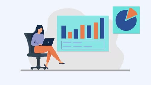 Woman Sitting on Chair with Laptop Global Business Research Charts Animation