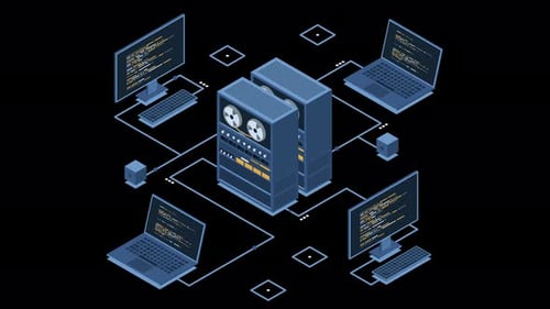 Isometrischer Server, der Computeranimationen verbindet. Netzwerkverbindung. Digitales Internet verarbeiten