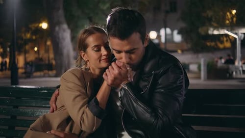 Romantic Man Kissing Hand Enjoying Date Closeup Lovely Couple Rest Evening Park