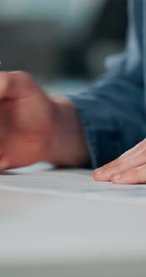 Documents, signature and hands of business person in office for planning, contract and paperwork