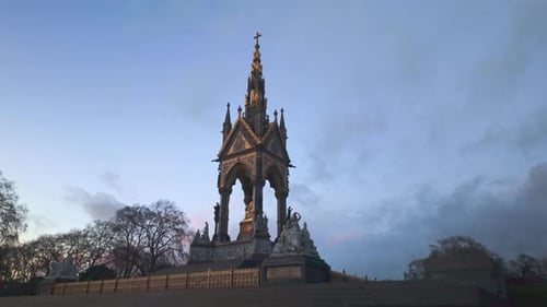 Panning shot of the Albert Memorial in Hyde Park, London. Historic monument in a public park