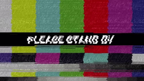 Bitte warten Sie auf den Bildschirm, eine Glitch-Animation mit statischem Rauschen und Signalverzerrung