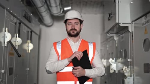 Electrical Engineer Inspects Electrical Switchboard and Control Panel in Industrial Building