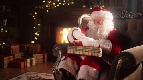 Santa Claus Unwraps a Christmas Gift by Fireplace