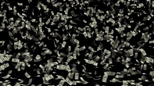 Flying dollar bills on black background