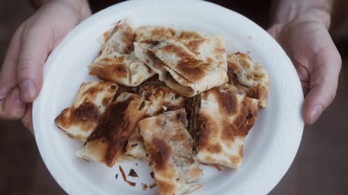 Turkish Style Meat Stuffed Pie Dough Borek Served on Street Food Festival