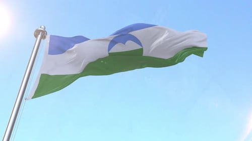 Realistic Flag with Mountain Emblem Waving in Blue Sky