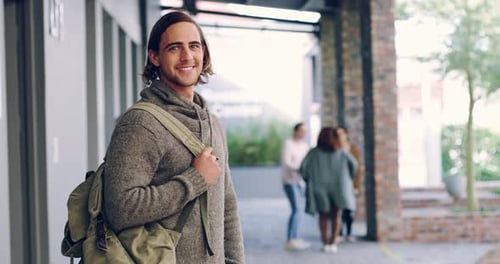 Happy man, college student portrait and university campus for learning, school studying