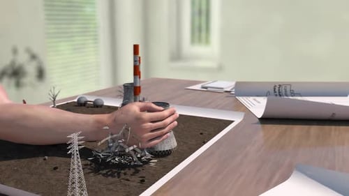 Animación 3D de una mano jugando con un boceto de un edificio