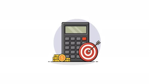 4k Calculator with Goal Arrow and Coin Stack. Financial Goal Concept Animation Video
