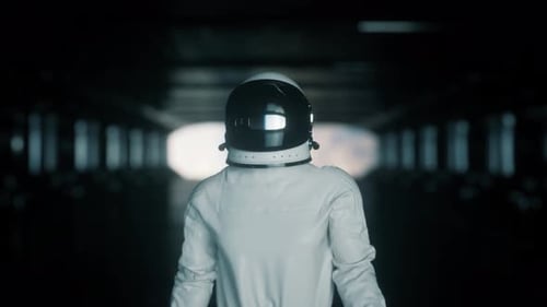 Alone astronaut walk in futuristic space corridor, room