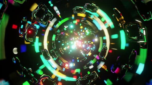 A stream of colorful particles flies through the cosmic web VJ loop 3d render. Background