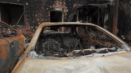 Burnt Houses and Cars As a Result of Artillery or Rocket Fire By the Russian Army in the Kiev Region