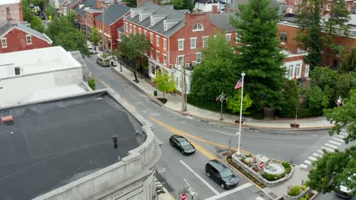 Aerial View of Quaint Town With Brick Buildings