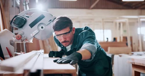 Carpentry, measure and man in workshop for project, planning or manufacturing furniture