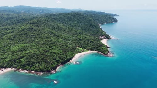 Aerial View Of Tropical Coastline Meeting Turquoise Waters In Lo De Marcos, Nayarit, Mexico
