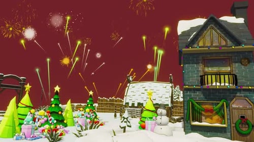 Stylized Christmas Village with Festive Fireworks Animation