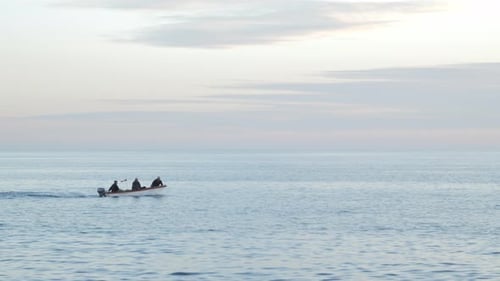 Three Male Fishermen Ride in a Motorboat Out to Sea During Sunrise or Sunset