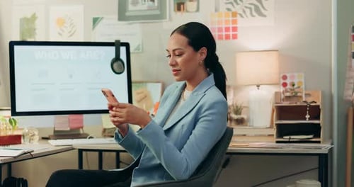 Phone, happy and businesswoman in the office typing a text message on social media or the internet