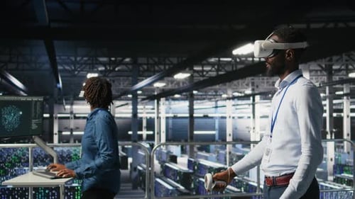 Data Center Admin Using VR Headset to Monitor Neural Network AI Systems