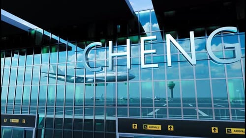Airlane Landing at Chengdu Arrival in the City with Reflection of Airport and Aircraft
