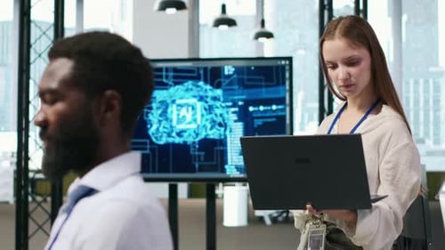 Portrait of Smiling Female Engineer Coding with AI Language Model