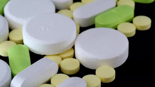 Close up drugs and tablets camera movement. Heap different colorful assorted pills